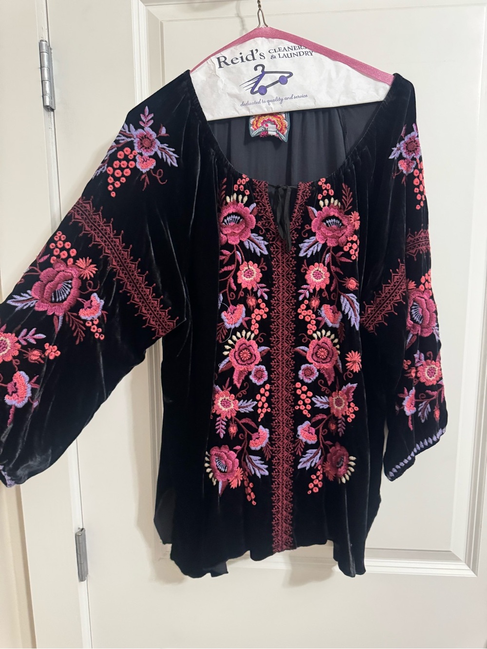 Johnny Was Black Velvet Tunic with Pink & Purple Floral Embroidery